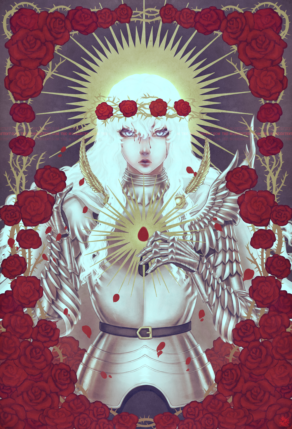 1boy androgynous armor artist_name bangs behelit belt berserk bleeding bleeding_from_forehead blood blood_on_face blue_eyes crown crown_of_thorns curly_hair facing_viewer floral_background flower griffith_(berserk) hair_between_eyes head_wreath highres long_hair looking_at_viewer male_focus open_mouth pale_skin red_flower red_rose rose shoulder_armor simple_background solo standing the-nonexistent wavy_hair white_hair