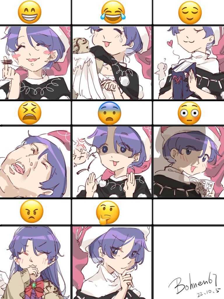 :3 :x bar_censor black_capelet blush book bow bowtie capelet censored closed_eyes cosplay dated doremy_sweet emoji expressions happy hat heart holding holding_book kishin_sagume kishin_sagume_(cosplay) makura manatsu_no_yo_no_inmu middle_finger nightcap pom_pom_(clothes) purple_eyes purple_hair red_bow red_bowtie red_headwear relief scared shaded_face short_hair signature single_wing thinking touhou upper_body white_wings wings yajuu_senpai