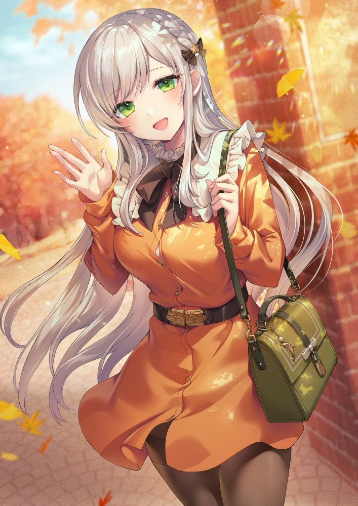 1girl :d autumn_leaves bag bangs belt blush bow braid breasts dress falling_leaves frills gomashio_ponz green_eyes grey_hair hair_ornament hair_ribbon large_breasts leaf long_hair long_sleeves looking_at_viewer open_mouth original pantyhose ribbon shoulder_bag smile solo