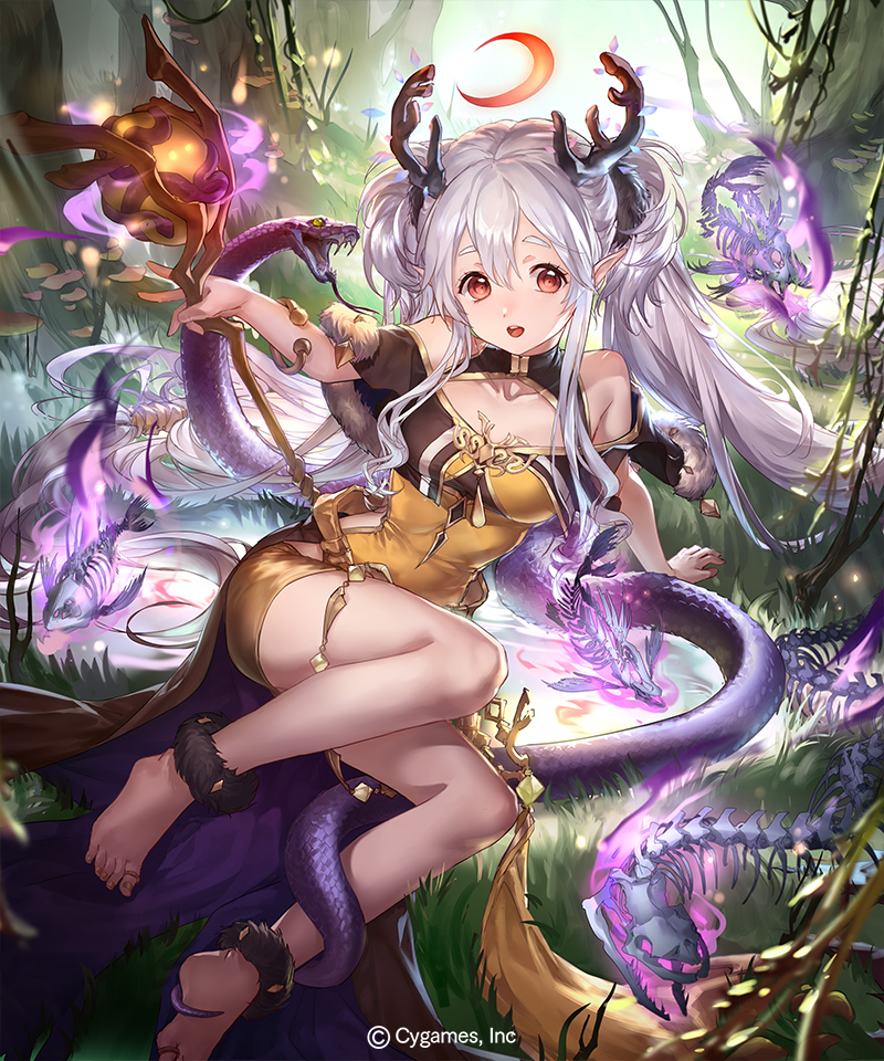 1girl :d animal antlers arm_support bangs bare_shoulders barefoot breasts brown_dress character_request crescent day dress grey_hair hair_between_eyes holding holding_staff liiko long_hair looking_at_viewer medium_breasts official_art on_grass orb outdoors red_eyes shadowverse short_eyebrows skeleton smile snake solo staff thick_eyebrows tree twintails very_long_hair watermark