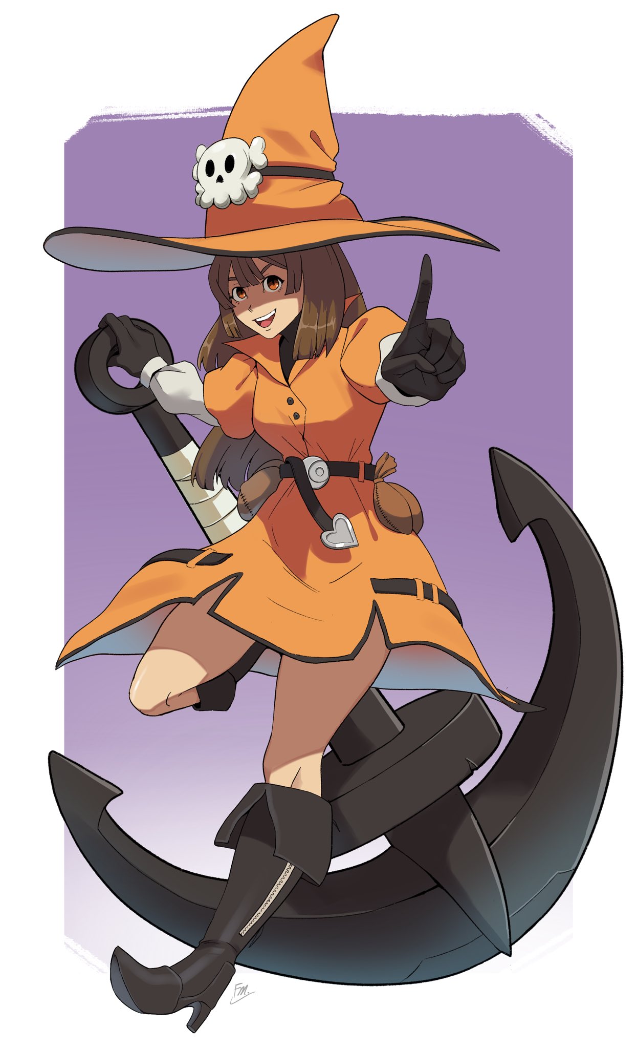 1girl anchor belt black_gloves boots brown_hair dress francisco_mon full_body gloves guilty_gear hair_between_eyes hat high_heel_boots high_heels highres knee_boots may_(guilty_gear) open_mouth orange_dress orange_eyes pointing pouch signature smile solo witch_hat