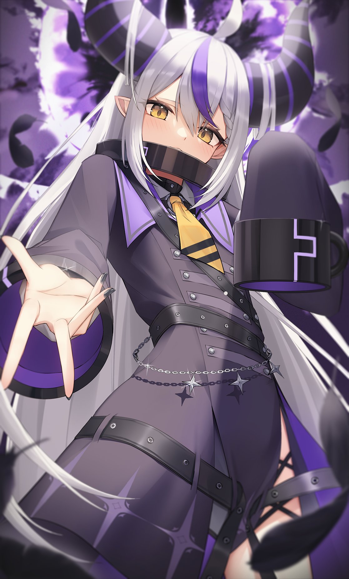 1girl ahoge belt black_belt black_choker blush choker collar demon_girl demon_horns grey_hair highres hololive horns la+_darknesss long_hair long_sleeves looking_at_viewer metal_collar multicolored_hair purple_hair sleeves_past_fingers sleeves_past_wrists slit_pupils streaked_hair striped_horns thomas_8000 very_long_hair virtual_youtuber yellow_eyes