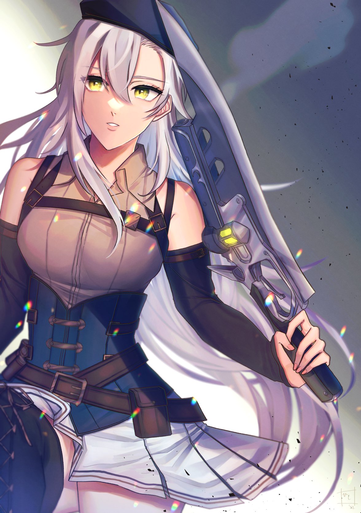 1girl belt beret eiyuu_densetsu elbow_gloves fie_claussell gloves gunblade hat highres hishimotsuki holding holding_weapon kuro_no_kiseki long_hair multiple_belts skirt thighhighs weapon white_hair yellow_eyes