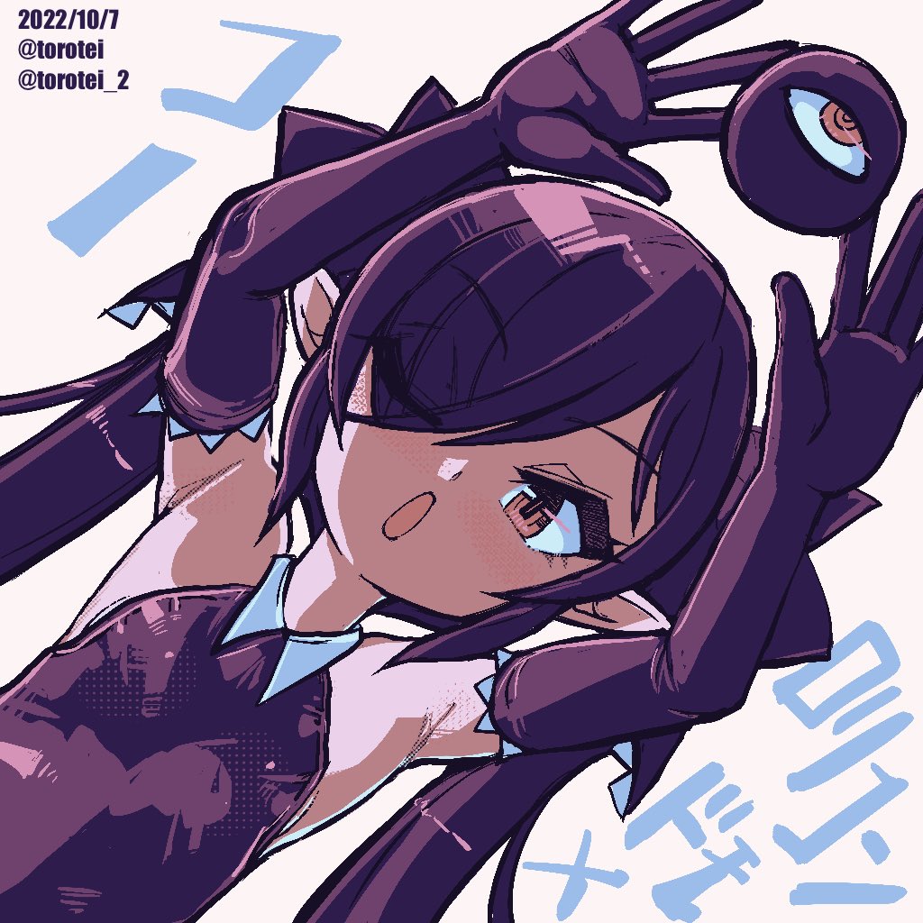 1girl armpits arms_up artist_name backbeard bare_shoulders beako black_dress black_gloves black_hair black_ribbon commentary dated dress dutch_angle elbow_gloves eyes_visible_through_hair gegege_no_kitarou gloves hair_ribbon kono_lolicon_domome long_hair looking_at_viewer one_eye_closed open_hands open_mouth original pointy_ears red_eyes ribbon simple_background sleeveless sleeveless_dress solo torotei tossing twintails twitter_username upper_body white_background