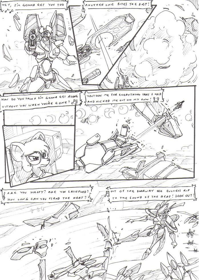 aircraft anthro beam black_and_white border chair cloud comic destroyed_vehicle destruction didelphid energy_beam english_text explosion eyewear female field flying_machine furniture glasses gun hole_(pit) kitfox-crimson kylee_(kitfox-crimson) lyrics machine mammal marsupial mecha monochrome motion_lines mountain music musical_note outside_border queen_(band) ranged_weapon sketch sky solo speech_bubble speed_lines text weapon