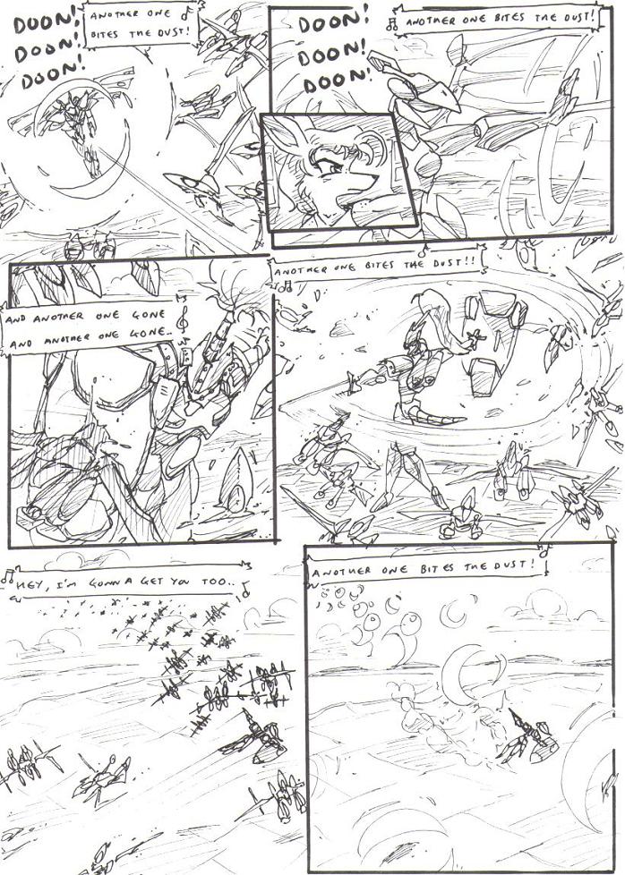 aircraft anthro battle black_and_white block chair clothing cloud comic destroyed_vehicle destruction english_text explosion field flying_machine freckles furniture hair harriet_(kitfox-crimson) kangaroo kitfox-crimson knight_armor long_hair lyrics machine macropod mammal marsupial mecha melee_weapon monochrome motion_lines mountain music musical_note onomatopoeia queen_(band) shield shielding shirt sketch sky slicing solo sound_effects sound_wave speech_bubble speed_lines sword tank_top text topwear weapon wings