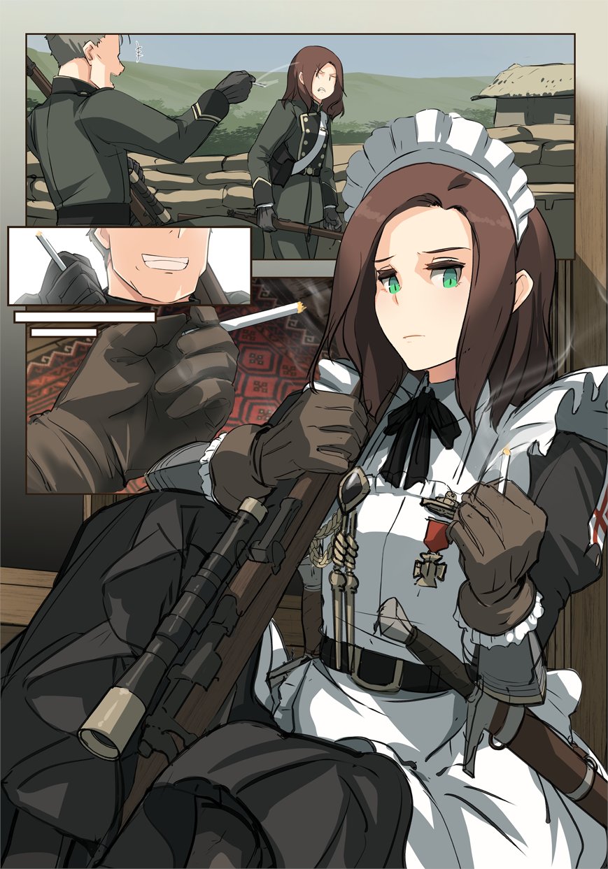 1boy 1girl aged_down angry apron asterisk_kome brown_hair cigarette gina_wallace gloves green_eyes grin gun highres holding holding_cigarette maid maid_apron maid_headdress medal memory military military_uniform original rifle scabbard sheath smile sniper_scope soldier sword uniform weapon