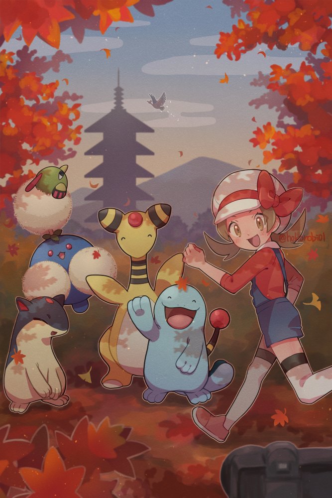 1girl ampharos artist_name autumn autumn_leaves bell_tower_(pokemon) blue_overalls bow brown_eyes brown_hair cabbie_hat camera closed_eyes ecruteak_city hat hat_bow ho-oh jumpluff long_hair lyra_(pokemon) mountain natu open_mouth outdoors overalls pokemon pokemon_(game) pokemon_hgss quagsire quilava red_bow red_footwear red_shirt running s_(happycolor_329) shirt shoes sky thighhighs twintails white_headwear