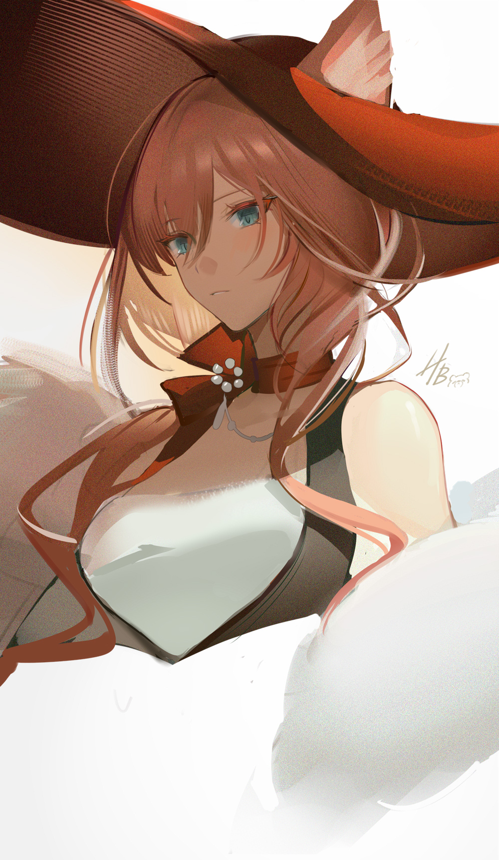 1girl animal_ear_fluff animal_ears arknights bangs bare_shoulders blue_eyes breasts cat_ears crop_top cropped_torso ears_through_headwear hair_between_eyes heidi_(arknights) highres long_hair medium_breasts parted_lips pink_hair red_headwear shawl signature solo tomato_omurice_melon upper_body weibo_username