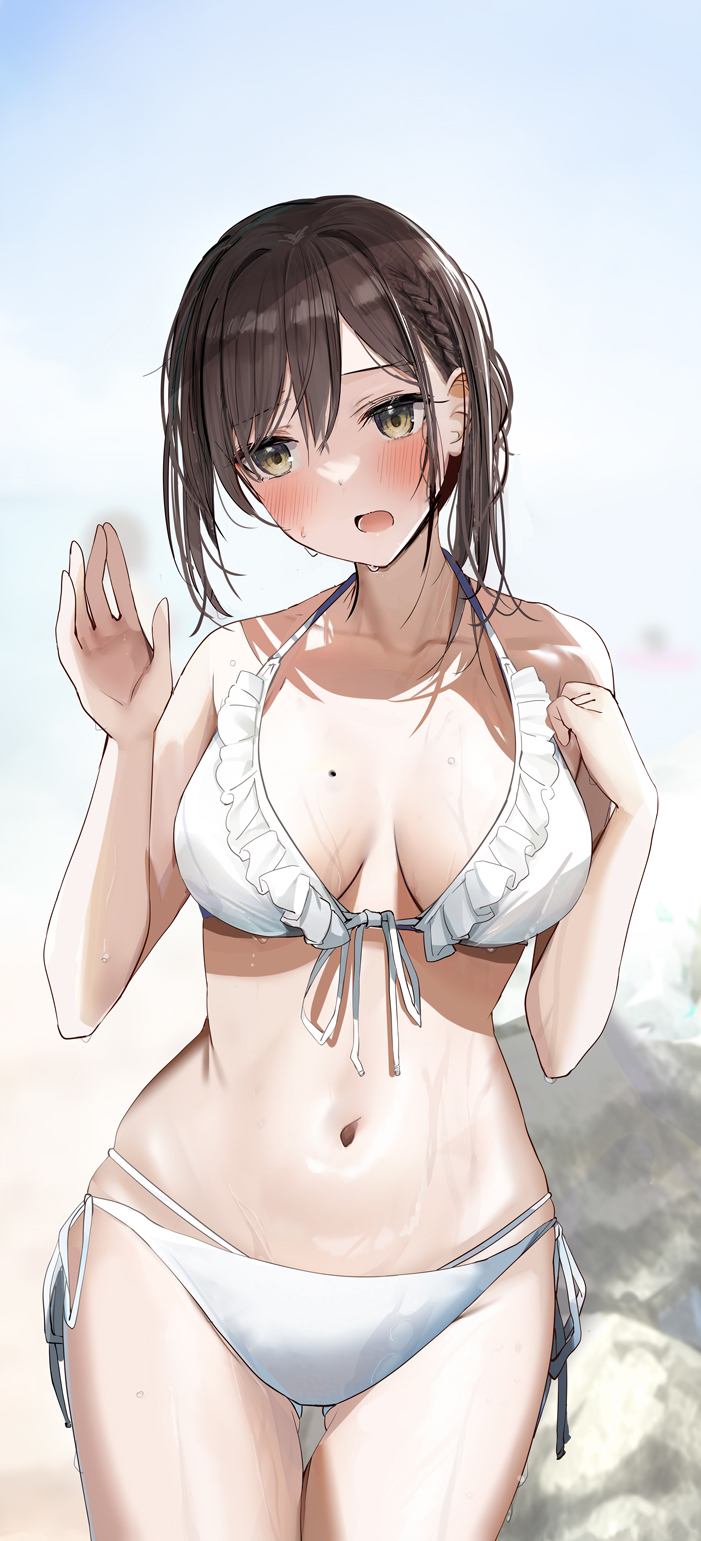 1girl ass_visible_through_thighs bangs bare_arms bare_shoulders bikini breasts brown_eyes brown_hair cleavage collarbone cowboy_shot day frilled_bikini frills hand_up highres large_breasts looking_at_viewer mole mole_on_breast navel original outdoors ribbon rock rouka_(akatyann) short_hair side-tie_bikini_bottom solo stomach swimsuit thigh_gap wet white_bikini white_ribbon