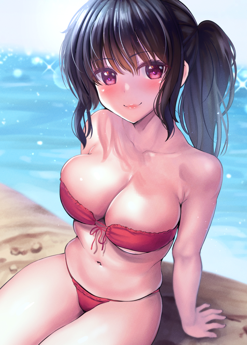 1girl bare_arms bare_shoulders bikini black_hair breasts cleavage closed_mouth collarbone day large_breasts lens_flare long_hair looking_at_viewer navel ocean on_ground original outdoors ponytail purple_eyes red_bikini sidelocks sitting skindentation smile solo sparkle strapless strapless_bikini swimsuit takamichis211 water