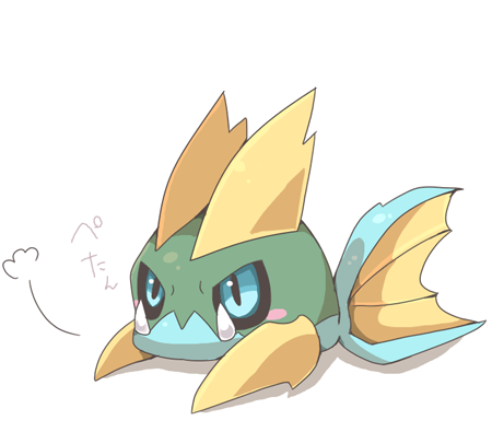 =3 alternate_color animal_focus black_sclera blue_eyes blush blush_stickers carvanha closed_mouth colored_sclera commentary_request fangs fangs_out fish full_body lowres lying no_humans on_stomach pokemon pokemon_(creature) shiny_pokemon shira_(sirairo116) simple_background sketch solo translation_request white_background