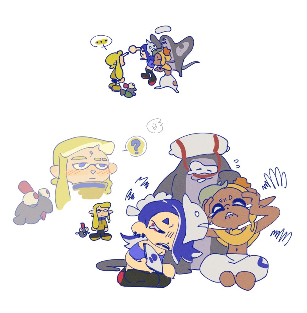 1boy 3girls ? agent_3_(splatoon_3) asymmetrical_hair big_man_(splatoon) blonde_hair blue_hair chibi chinese_commentary d: dark-skinned_female dark_skin earrings eyeliner flying_sweatdrops food food_on_head frown frustrated frye_(splatoon) hachimaki hair_over_one_eye hand_fan hands_on_own_head harem_pants headband hokkamuri holding holding_fan inkling inkling_girl jewelry little_buddy_(splatoon) long_hair makeup manta_ray mask mask_on_head multiple_earrings multiple_girls navel nejiri_hachimaki object_on_head octarian open_mouth pants pointy_ears red_eyeliner salmonid salorbt sitting smallfry_(splatoon) splatoon_(series) splatoon_3 spoken_question_mark squidbeak_splatoon squiggle tears teeth tempura tentacle_hair white_pants