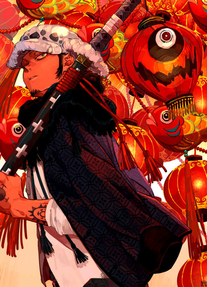 1boy arm_tattoo facial_hair from_below hand_tattoo hat holding holding_sheath holding_weapon jacket jacket_on_shoulders lantern looking_back male_focus nekodou_(yukatin1000) one_piece paper_lantern patterned_clothing red_theme sheath sheathed shirt sleeves_rolled_up solo sword tattoo trafalgar_law weapon white_shirt