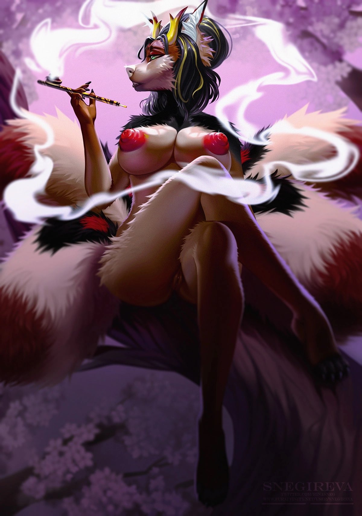 2022 4_tails 4_toes 5_fingers anthro areola big_breasts black_hair blonde_highlights breasts brown_body brown_fur canid canine cheek_tuft cherry_blossom cherry_blossom_tree cherry_tree crossed_legs detailed_background eyebrows eyelashes facial_tuft feet female fingers fox fruit_tree fur genitals green_eyes hair half-closed_eyes hi_res highlights_(coloring) holding_pipe inner_ear_fluff looking_aside mammal multi_tail multicolored_body multicolored_fur narrowed_eyes nipples nude pipe plant pussy short_hair sitting smoke snegireva solo toes tree tuft two_tone_body two_tone_fur white_body white_fur