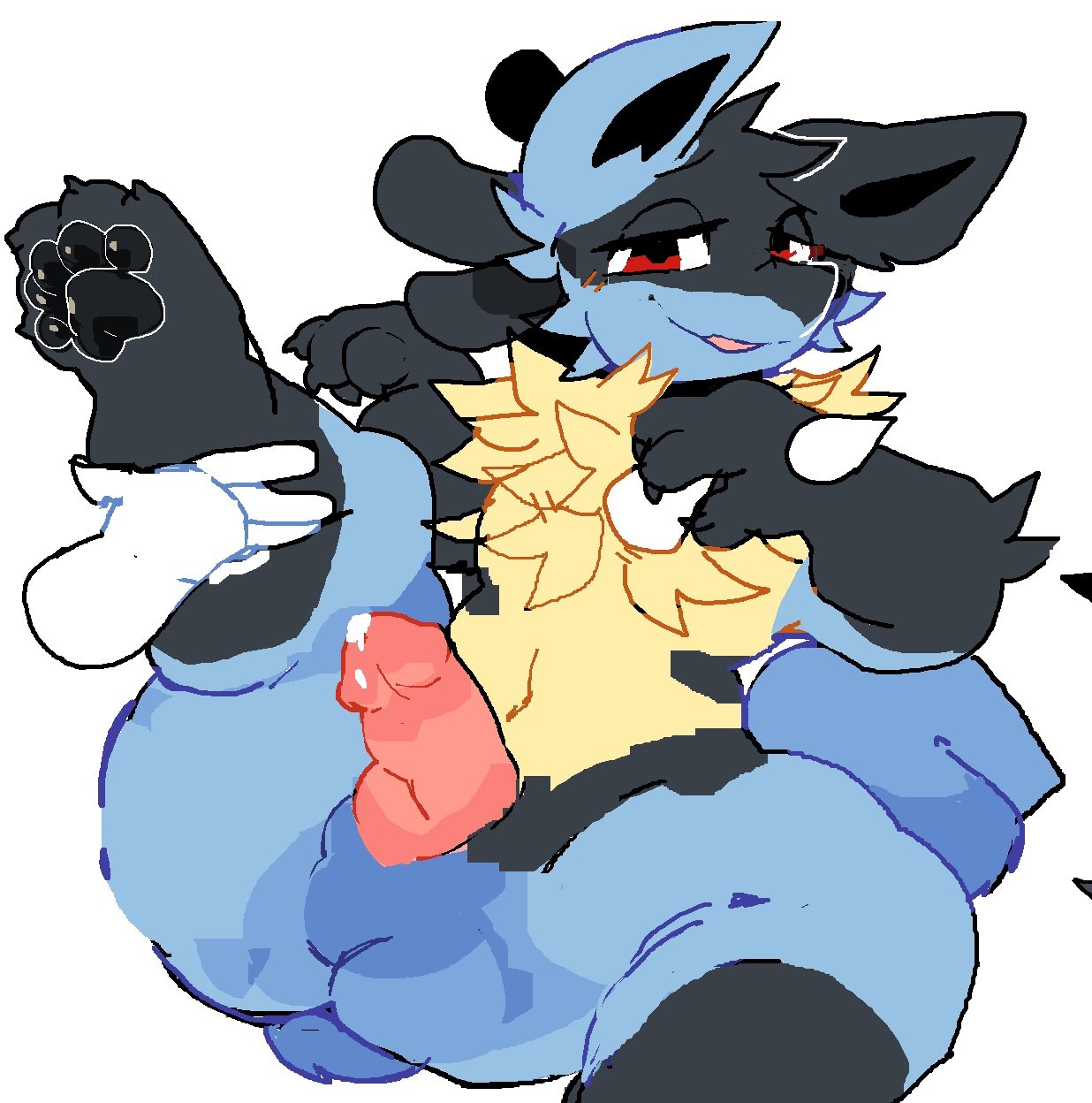 ambiguous_gender anthro black_body blue_body blush bodily_fluids disembodied_hand duo fur generation_4_pokemon genital_fluids genitals half-closed_eyes hi_res hnydoodl looking_at_viewer lucario male male/ambiguous multicolored_body narrowed_eyes nintendo pawpads paws penis pokemon pokemon_(species) precum red_eyes smile smiling_at_viewer video_games yellow_body yellow_fur