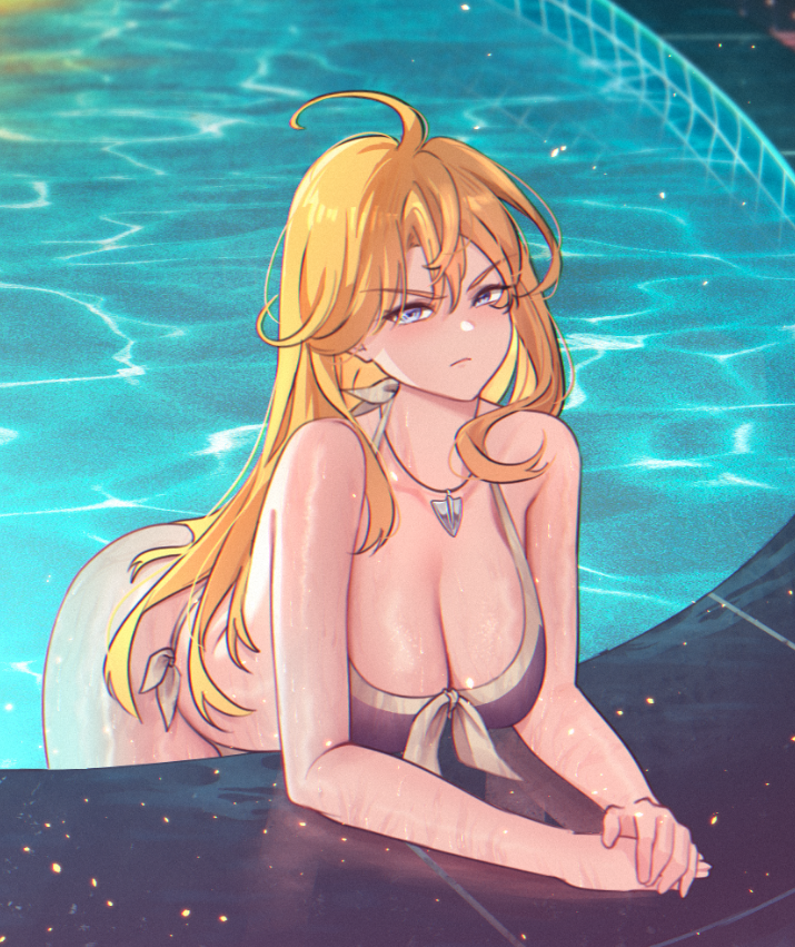 breasts clarisse_(fire_emblem) fire_emblem fire_emblem_heroes large_breasts leaning_forward pool poolside swimsuit