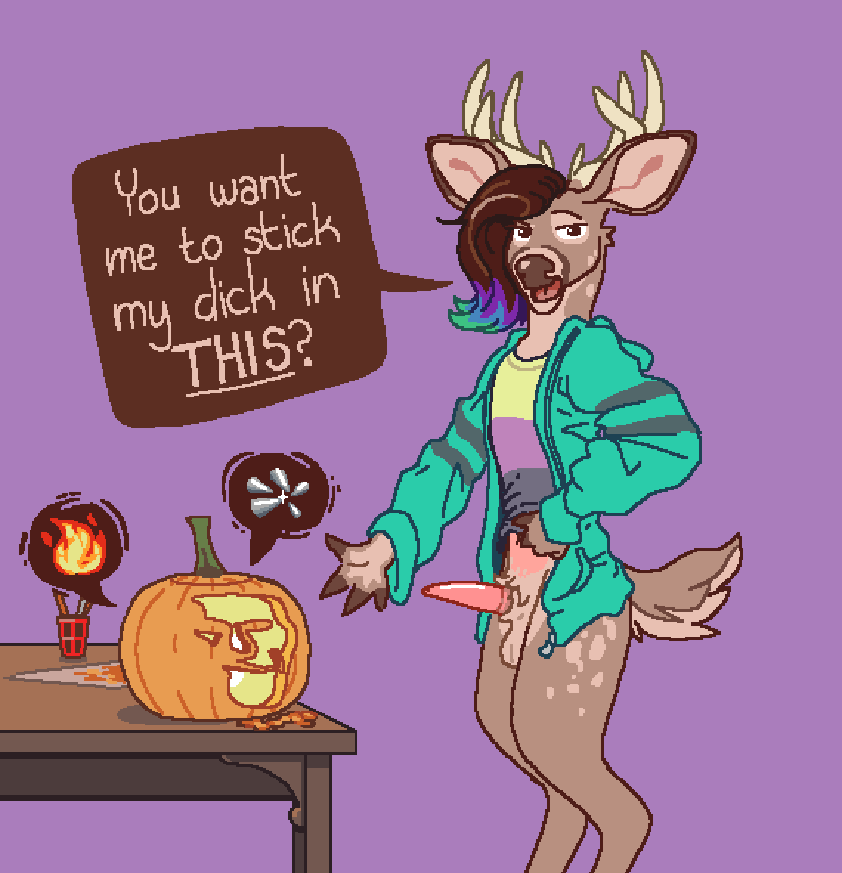 absurd_res animal_genitalia animal_penis anthro antlers balls big_ears brown_body brown_fur cervid cervine_penis clothed clothing coat dangerous dyyrlysh food food_fetish food_play fruit fur genitals half-erect halloween hi_res holidays horn humor jack-o'-lantern male mammal meme partially_clothed penis pink_penis plant pulling_clothing pumpkin sassy sheath solo speech_bubble tapering_penis text topwear trollface