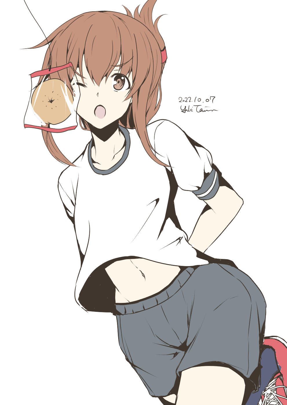 1girl alternate_costume arms_behind_back artist_name bread bread_eating_race brown_eyes brown_hair dated flat_chest food gym_shorts highres inazuma_(kancolle) kantai_collection midriff_peek navel one_eye_closed open_mouth shirt shoes short_hair short_sleeves shorts sneakers solo taira_yuuki white_background white_shirt