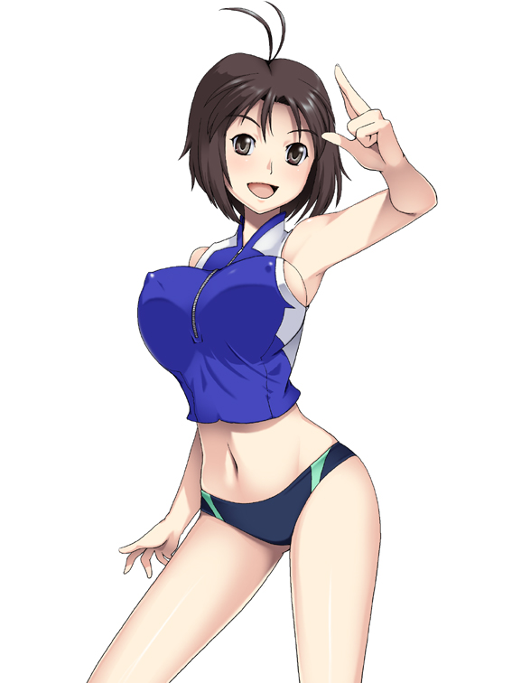 antenna_hair armpits bouncing_breasts breasts brown_eyes brown_hair covered_nipples idolmaster idolmaster_(classic) idolmaster_2 kawanuma_uotsuri kikuchi_makoto large_breasts midriff navel open_mouth solo
