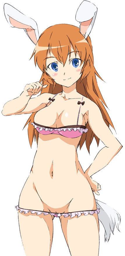 animal_ears bikini blue_eyes blush breasts brown_hair bunny_ears charlotte_e_yeager cleavage commentary_request face frills hand_on_hip large_breasts long_hair looking_at_viewer lowleg micro_bikini navel pussy_peek simple_background smile solo strike_witches swimsuit tail umanosuke white_background world_witches_series