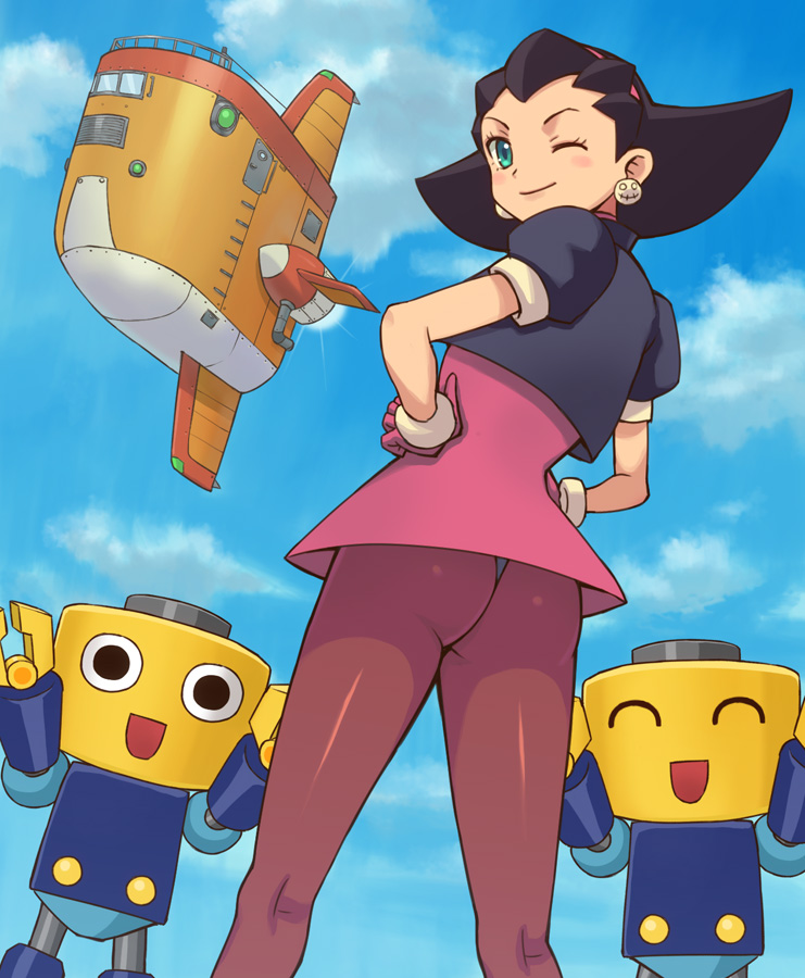 ass black_hair cloud day earrings gloves green_eyes hair_pulled_back hands_on_hips hashi jewelry kobun looking_back one_eye_closed pantyhose rockman sky tron_bonne