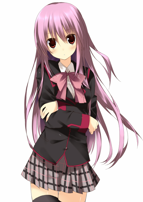 alternate_hairstyle black_legwear blush bow futaki_kanata hair_down kuwashima_rein little_busters! long_hair pink_bow purple_hair red_eyes ribbon school_uniform solo thighhighs zettai_ryouiki