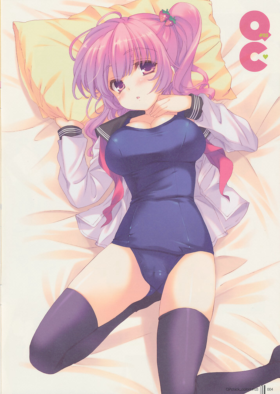 :o ahoge bed blue_legwear blush breasts cameltoe cleavage copyright_request embarrassed food from_above fruit hair_ornament hairclip highres large_breasts legs long_hair long_legs lying ohara_tometa on_back one-piece_swimsuit one_side_up open_mouth pillow pink_eyes pink_hair ponytail qp:flapper ribbon scan school_swimsuit school_uniform serafuku solo strawberry swimsuit swimsuit_under_clothes thighhighs thighs zettai_ryouiki