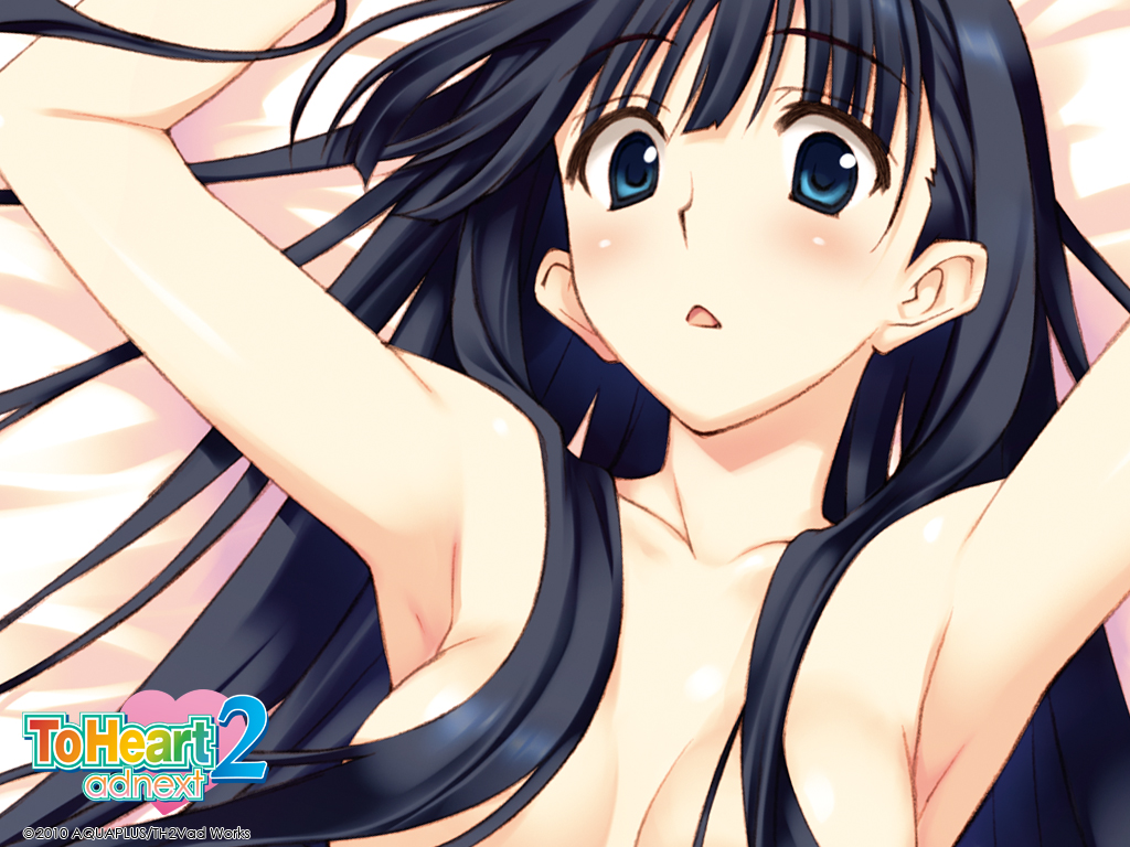 armpits arms_up black_hair blue_eyes blush breasts kusakabe_yuuki_(to_heart_2) large_breasts long_hair lying no_bra nude open_mouth solo to_heart_2 to_heart_2_adnext