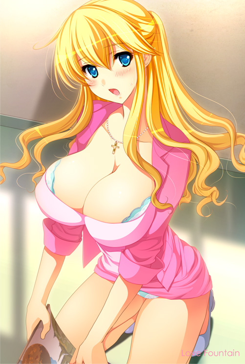 :o akiyama_cindy blonde_hair blue_bra blue_eyes blue_panties blush book bra breasts chikan_sen'you_sharyou cleavage cross embarrassed formal high_heels jacket jewelry kneeling koizumi_amane large_breasts lingerie long_hair miniskirt necklace office_lady on_floor open_mouth panties pantyshot pantyshot_(kneeling) pencil_skirt seiza shoes sitting skirt skirt_suit sleeves_folded_up solo suit surprised thighs underwear wavy_hair