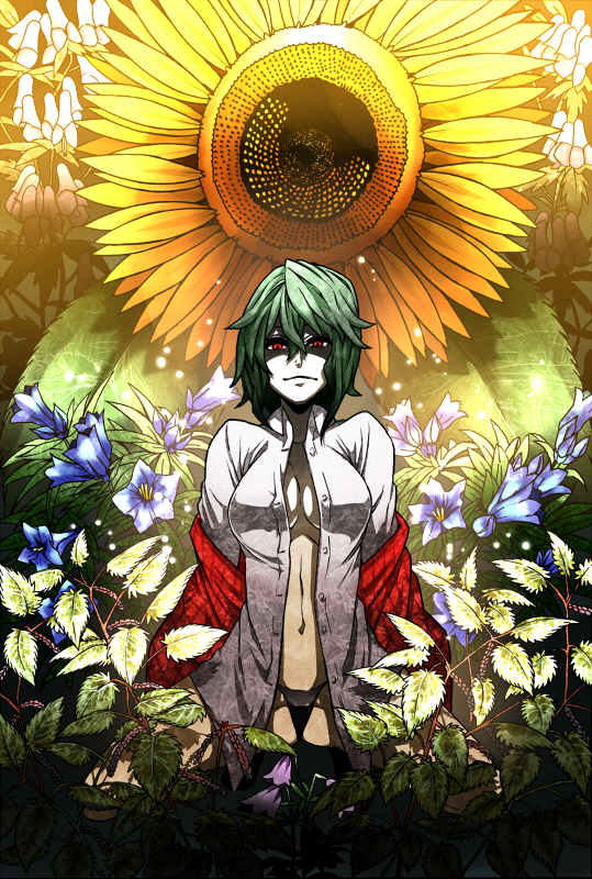 black_panties bottomless breasts cleavage colorized dress_shirt flower frown green_hair harusame_(unmei_no_ikasumi) iro_marimo kazami_yuuka large_breasts nature navel no_bra no_pants open_clothes open_shirt panties plaid plaid_vest red_eyes shirt solo sunflower touhou underwear undressing vest