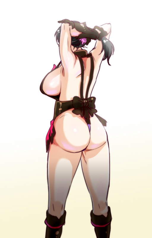 adjusting_hair arms_up ass bare_shoulders black_hair boots breasts cattleya from_behind gradient gradient_background huge_ass huge_breasts kikuchi_mataha long_hair panties ponytail queen's_blade sideboob solo thong underwear