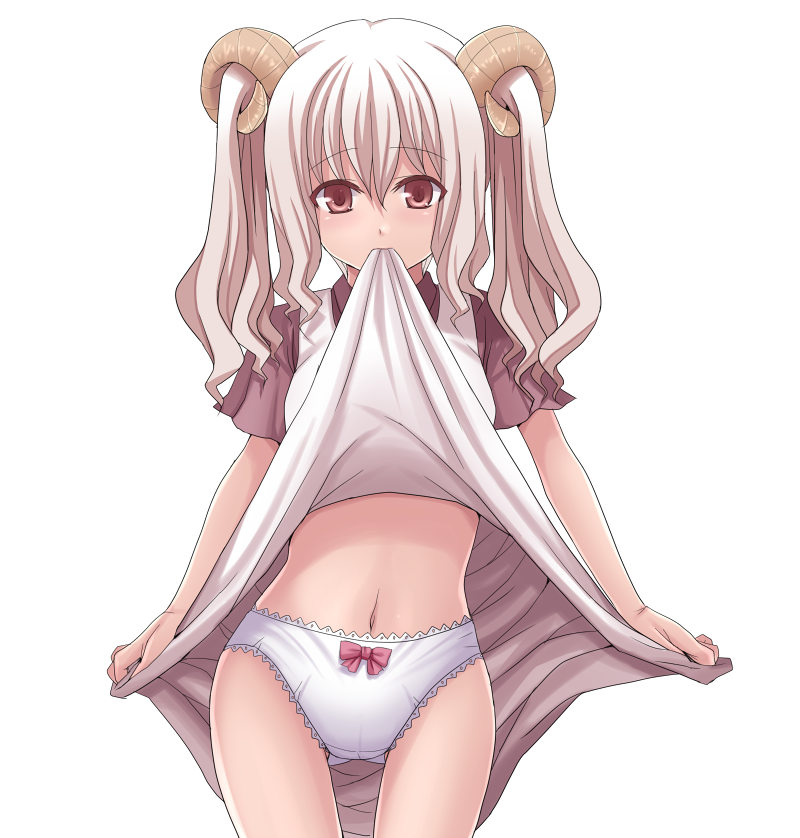 bad_id bad_pixiv_id blush copyright_request dress dress_in_mouth dress_lift hasu_(hk_works) horns long_hair mouth_hold panties sheep_horns solo underwear