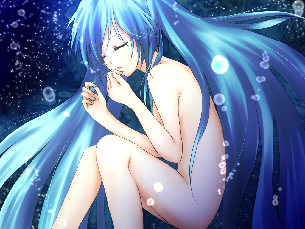 aoinanika bad_id bad_pixiv_id blue_hair closed_eyes feet_out_of_frame fetal_position hatsune_miku long_hair nude solo twintails very_long_hair vocaloid