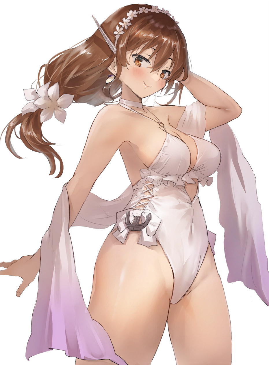 1girl anchor_ornament ashigara_(kancolle) brown_eyes brown_hair casual_one-piece_swimsuit choker cosplay criss-cross_halter earrings flower food-themed_earrings frilled_swimsuit frills hair_flower hair_ornament hairband halterneck highleg highleg_swimsuit highres jewelry kantai_collection lemon_earrings long_hair looking_at_viewer low-tied_long_hair one-piece_swimsuit sagiri_(kancolle) sagiri_(kancolle)_(cosplay) shawl side-tie_swimsuit simple_background solo standing swimsuit toka_(marchlizard) wavy_hair white_background white_choker white_one-piece_swimsuit white_shawl
