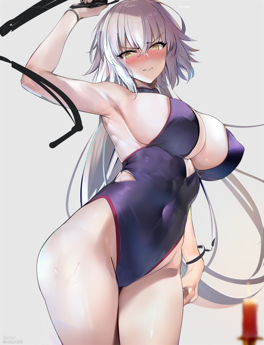1girl arm_up armpits bangs bare_arms bare_shoulders blue_leotard blush bracelet breasts candle closed_mouth covered_navel duplicate fate/grand_order fate_(series) grey_background grey_hair highleg highleg_leotard holding holding_whip jeanne_d'arc_alter_(fate) jewelry large_breasts leotard long_hair looking_at_viewer misaka_12003-gou pixel-perfect_duplicate sideboob simple_background solo thighs whip yellow_eyes