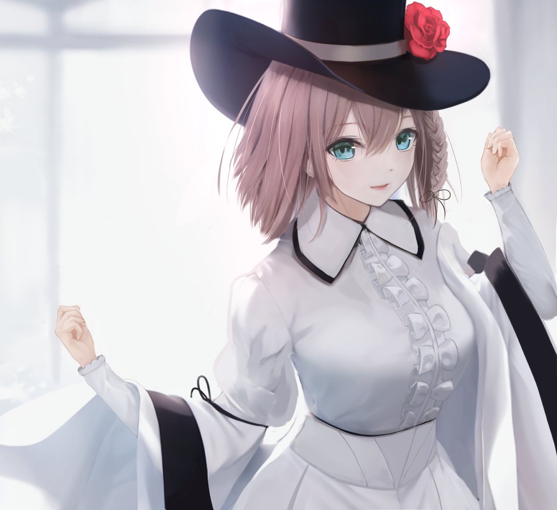 1girl aomaru_(shta-chu-jisuiai) aqua_eyes bangs black_headwear braid brown_hair center_frills charlotte_corday_(fate) charlotte_corday_(third_ascension)_(fate) commentary dress fate/grand_order fate_(series) flower frills hair_between_eyes hat hat_flower lips long_sleeves looking_at_viewer pink_lips red_flower red_rose rose short_hair smile solo upper_body white_dress