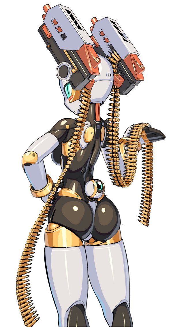 1girl ammunition_belt aqua_eyes ass bald bald_girl black_skin breasts bullet colored_skin dual_wielding from_behind grey_skin gun hand_on_hip holding humanoid_robot joints looking_back medium_breasts metal_skin multicolored_skin nisetanaka original robot_girl robot_joints sideboob solo standing thigh_gap third_eye twintails two-tone_skin weapon white_background