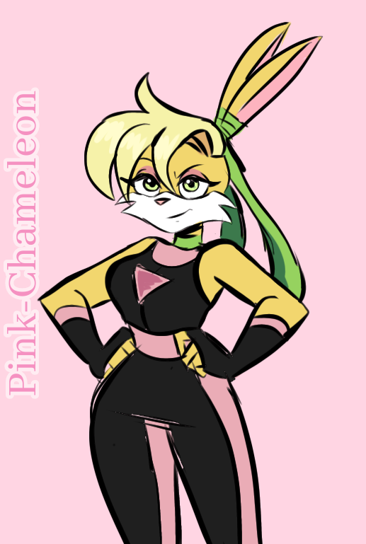2022 anthro blonde_hair breasts clothed clothing eyeshadow female fingerless_gloves fully_clothed fur gloves hair hand_on_hip handwear lagomorph leporid lexi_bunny looking_at_viewer loonatics_unleashed looney_tunes makeup mammal pink-chameleon13 pink_nose rabbit simple_background sleeveless_shirt smile solo standing superhero superhero_costume tied_ears uniform warner_brothers watermark white_body white_fur yellow_body yellow_eyes yellow_fur