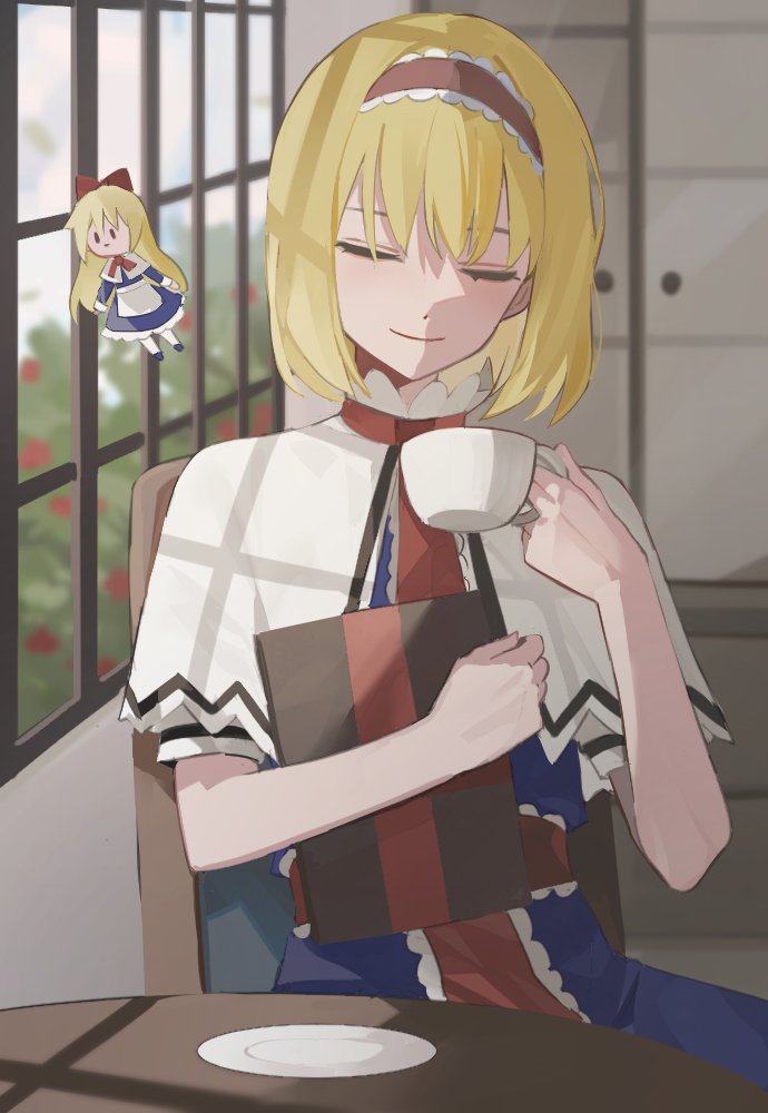 1girl alice_margatroid bangs blonde_hair blue_dress book capelet chair cjsdh1000 closed_eyes closed_mouth commentary cowboy_shot cup dress facing_viewer frilled_hairband frills grimoire_of_alice hairband holding holding_book holding_cup indoors medium_hair red_hairband saucer shanghai_doll short_sleeves sitting smile solo table teacup touhou white_capelet window