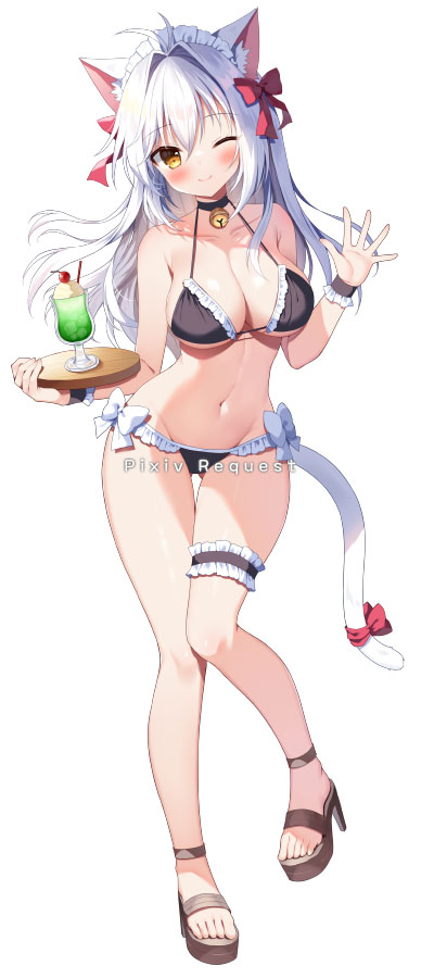 1girl ;) aina_rive animal_ear_fluff animal_ears bangs bell bikini black_bikini black_choker blue_sky bow breasts cat_ears cat_girl cat_tail choker cleavage closed_mouth cloud commission cup day drinking_glass frilled_bikini frills groin hair_between_eyes hair_intakes hands_up holding holding_tray horizon jingle_bell looking_at_viewer mauve medium_breasts navel neck_bell ocean one_eye_closed original outdoors pixiv_request red_bow simple_background sky smile solo swimsuit tail tail_bow tail_ornament tray water white_background white_hair yellow_eyes