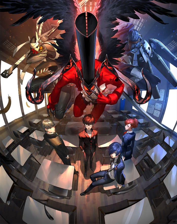 1girl 3boys amamiya_ren arsene_(persona_5) ascot black_feathers black_hair blue_hair classroom claws derivative_work desk feathered_wings feathers gekkoukan_high_school_uniform glasses glowing glowing_eyes grey_hair hat headband izanagi_(persona_4) looking_at_viewer mask multiple_boys narukami_yuu official_art on_desk persona persona_3 persona_3_portable persona_4 persona_5 perspective red_hair school_desk school_uniform shiomi_kotone shuujin_academy_uniform sitting sitting_on_desk soejima_shigenori sword thanatos_(persona) top_hat weapon window wings yasogami_school_uniform yuuki_makoto