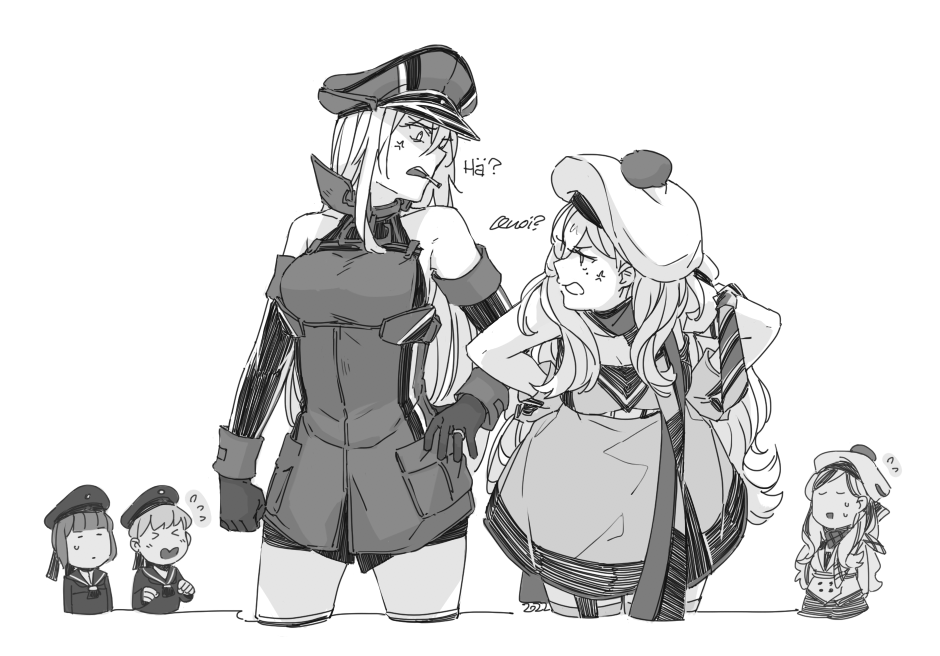 5girls anger_vein beret bismarck_(kancolle) cigarette commandant_teste_(kancolle) commentary_request cowboy_shot detached_sleeves dress greyscale hands_on_hips hat kantai_collection long_hair mole mole_under_eye monochrome multicolored_clothes multicolored_scarf multiple_girls peaked_cap pom_pom_(clothes) richelieu_(kancolle) scarf standing strapless strapless_dress thighhighs translation_request two-tone_dress two-tone_gloves weidashming z1_leberecht_maass_(kancolle) z3_max_schultz_(kancolle)