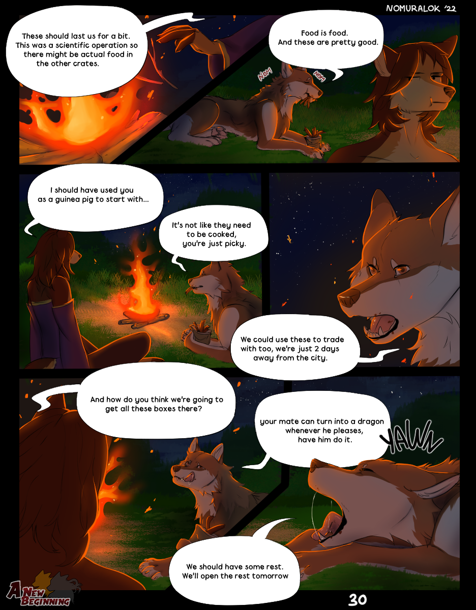 2022 ambiguous_gender anthro canid canine canis claws clothed clothing comic dialogue digital_media_(artwork) duo english_text feral fire fireplace fur hair hi_res male mammal night nomuralok open_mouth outside rena_(rena0107) rex_(disambiguation) simple_background speech_bubble text wolf