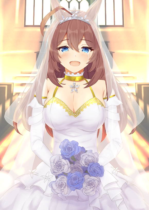 1girl ahoge alternate_costume animal_ears blue_eyes bouquet breasts bridal_veil cathedral cleavage dress elbow_gloves gloves hair_between_eyes happy holding holding_bouquet horse_ears horse_girl komugikokonko large_breasts looking_at_viewer mihono_bourbon_(umamusume) open_mouth red_hair sleeveless smile solo tears umamusume veil wedding wedding_dress white_dress white_gloves window