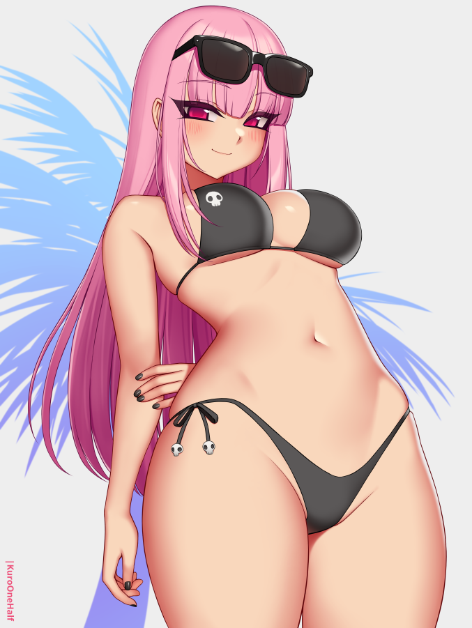 1girl arm_behind_back bikini black_bikini black_nails blush breasts closed_mouth cowboy_shot eyewear_on_head from_below hololive hololive_english kuroonehalf long_hair looking_at_viewer medium_breasts mori_calliope navel palm_tree pink_hair side-tie_bikini_bottom sidelocks simple_background skull_print smile solo sunglasses swimsuit tree virtual_youtuber