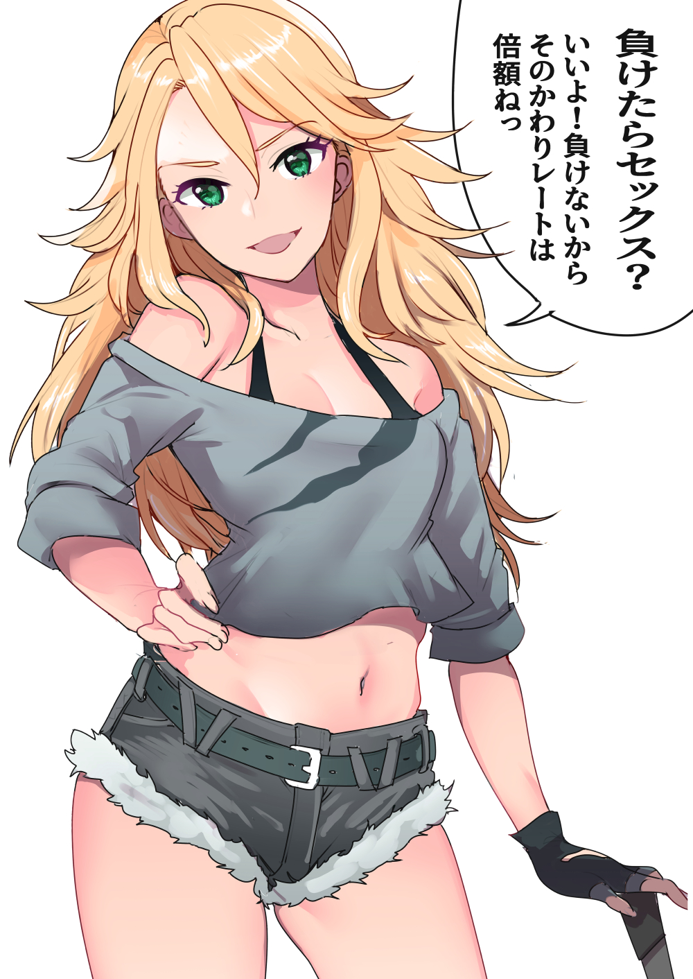 1girl bangs birdie_wing:_golf_girls'_story blonde_hair breasts cleavage eve_(birdie_wing) hair_between_eyes hand_on_hip highres long_hair midriff nakasone_haiji navel open_mouth shirt short_shorts shorts smile solo speech_bubble standing talking white_background