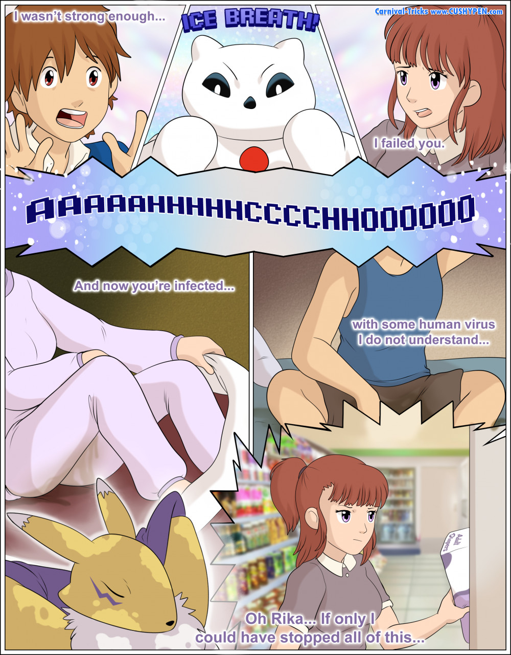 ambiguous_gender anthro bandai_namco bed bed_sheet bed_wetting bedding blanket bodily_fluids bottomwear clothing comic dialogue diaper_package digimon digimon_(species) english_text eyes_closed female feral frigimon furniture genital_fluids gloves group hands_behind_head handwear hi_res human male mammal open_mouth pajamas pants renamon rika_nonaka shadowpelt shirt sitting store takato_matsuki tank_top teeth text tongue topwear urine wet wet_bottomwear wet_clothing wet_pants