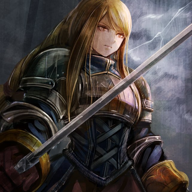 1girl agrias_oaks armor blonde_hair braid braided_ponytail brown_eyes closed_mouth cloud final_fantasy final_fantasy_tactics gloves knight long_hair rain single_braid solo sushi_(sashimise) sword thunder weapon wet