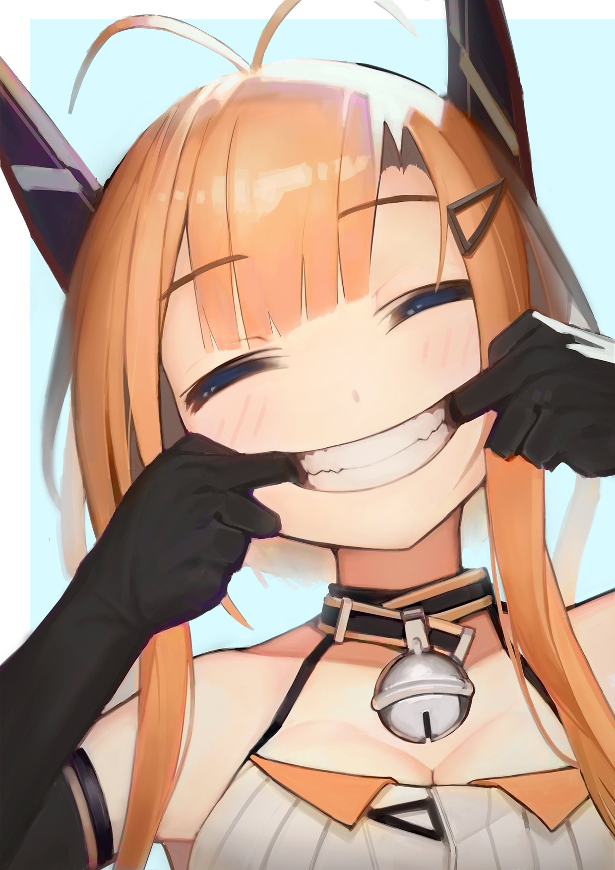 1girl ahoge antenna_hair azur_lane bangs bare_shoulders bell black_gloves blunt_bangs breasts closed_eyes collar elbow_gloves fingersmile foxhound_(azur_lane) gloves hair_ornament hairclip highres jingle_bell large_breasts orange_hair retrofit_(azur_lane) smile solo yohia